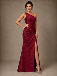 One Shoulder Floral Jacquard Evening Gown with Slit