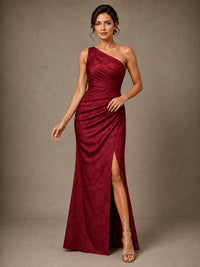 One Shoulder Floral Jacquard Evening Gown with Slit