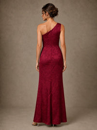 One Shoulder Floral Jacquard Evening Gown with Slit