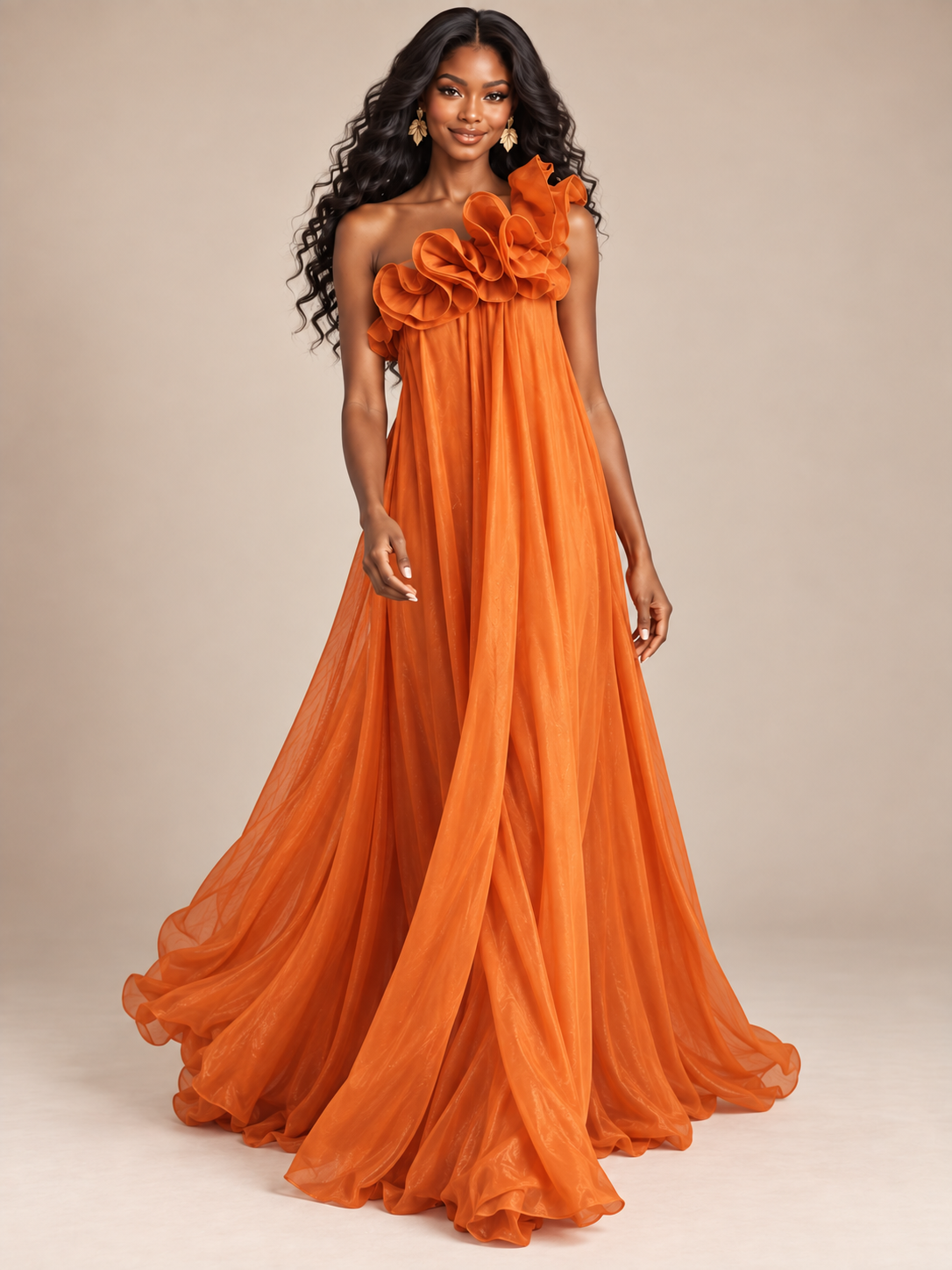 One shoulder orange formal maxi dress 