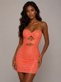 Orange rhinestone strapless cut-out bodycon mini dress