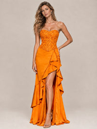 Strapless Lace Appliques Corset Satin Prom Dress Ruffle Slit Evening Gown