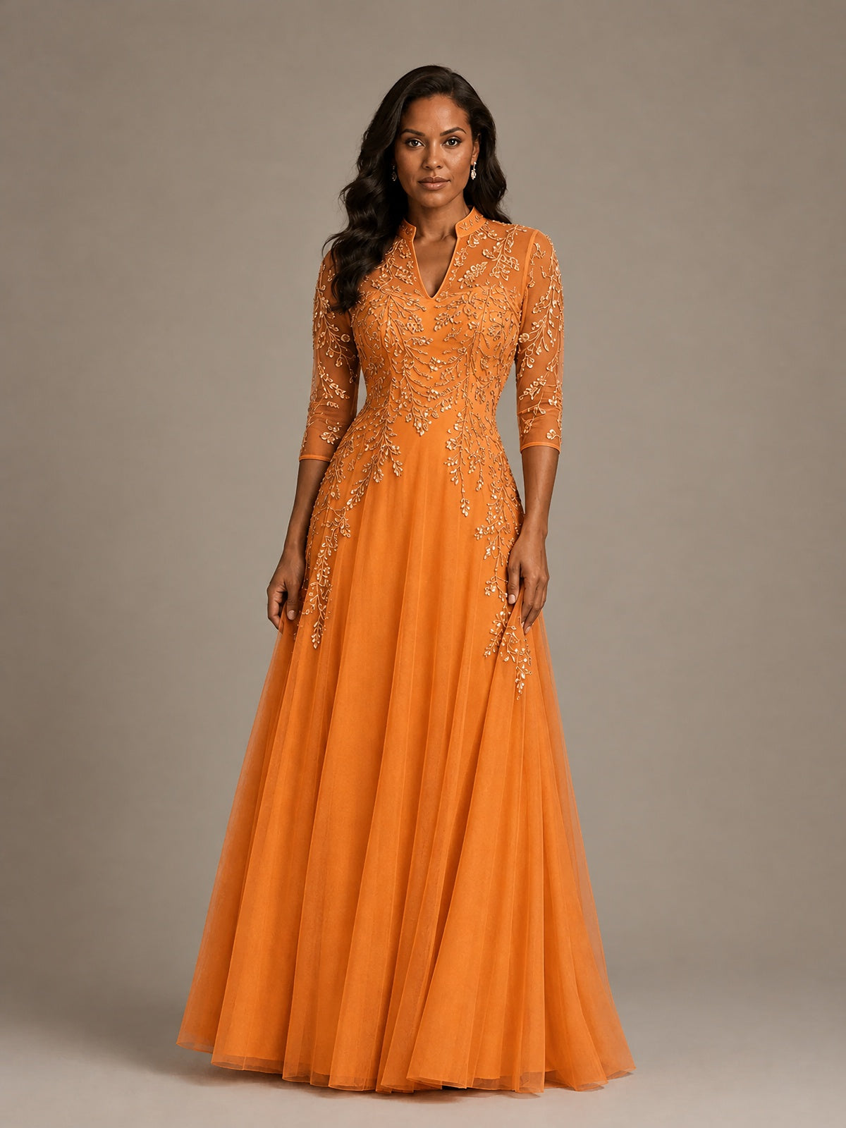 Embellished Appliques Mother of the Bride Dress with 3/4 Sleeves