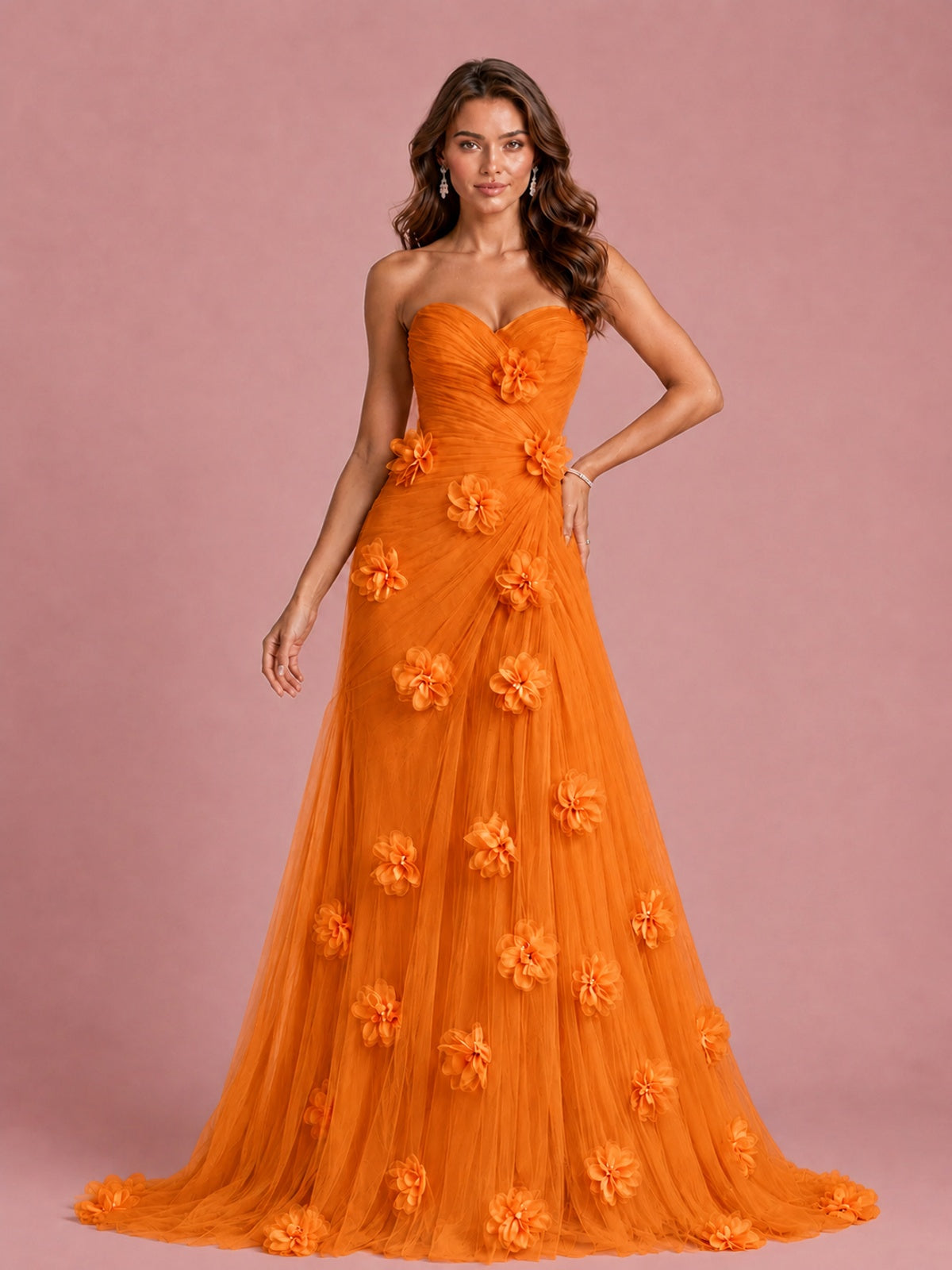 3D Floral Applique Strapless Tulle Prom Dress with High Slit