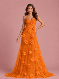 3D Floral Applique Strapless Tulle Prom Dress with High Slit