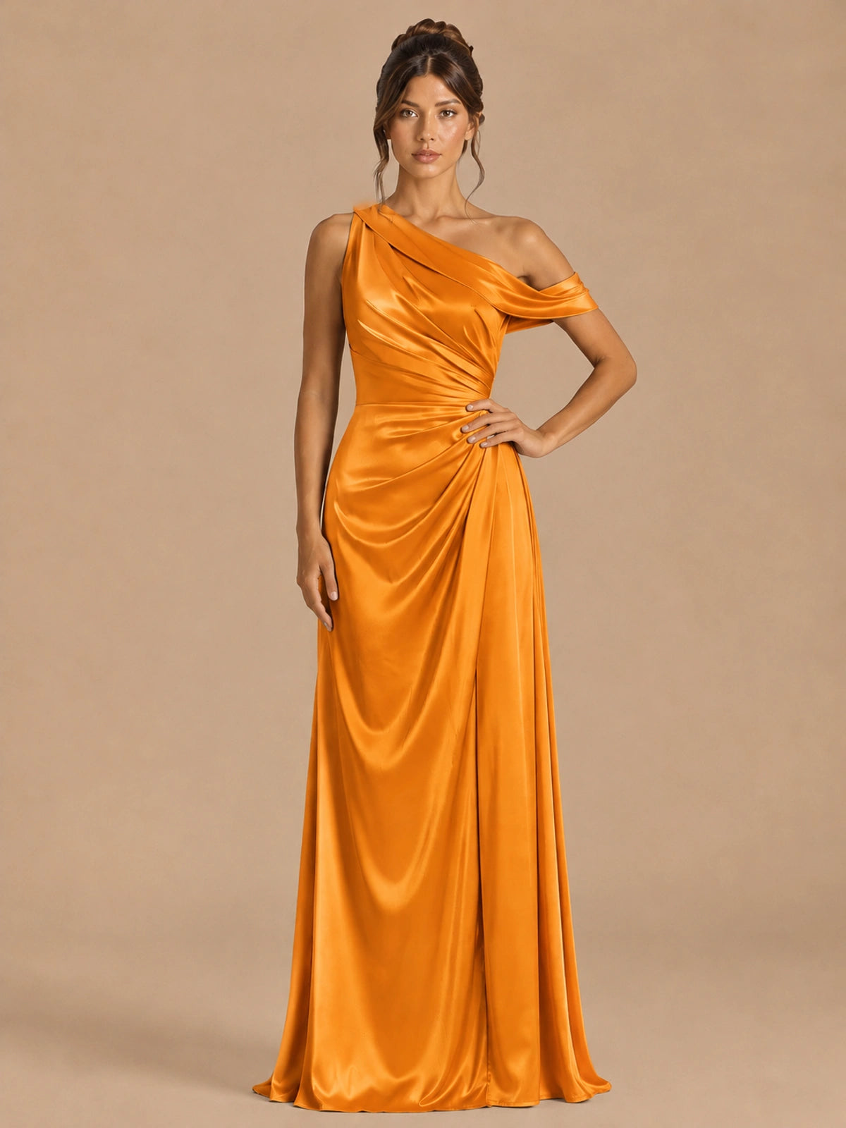 Orange-satin one shoulder prom dress ruched long formal gow Jovelle