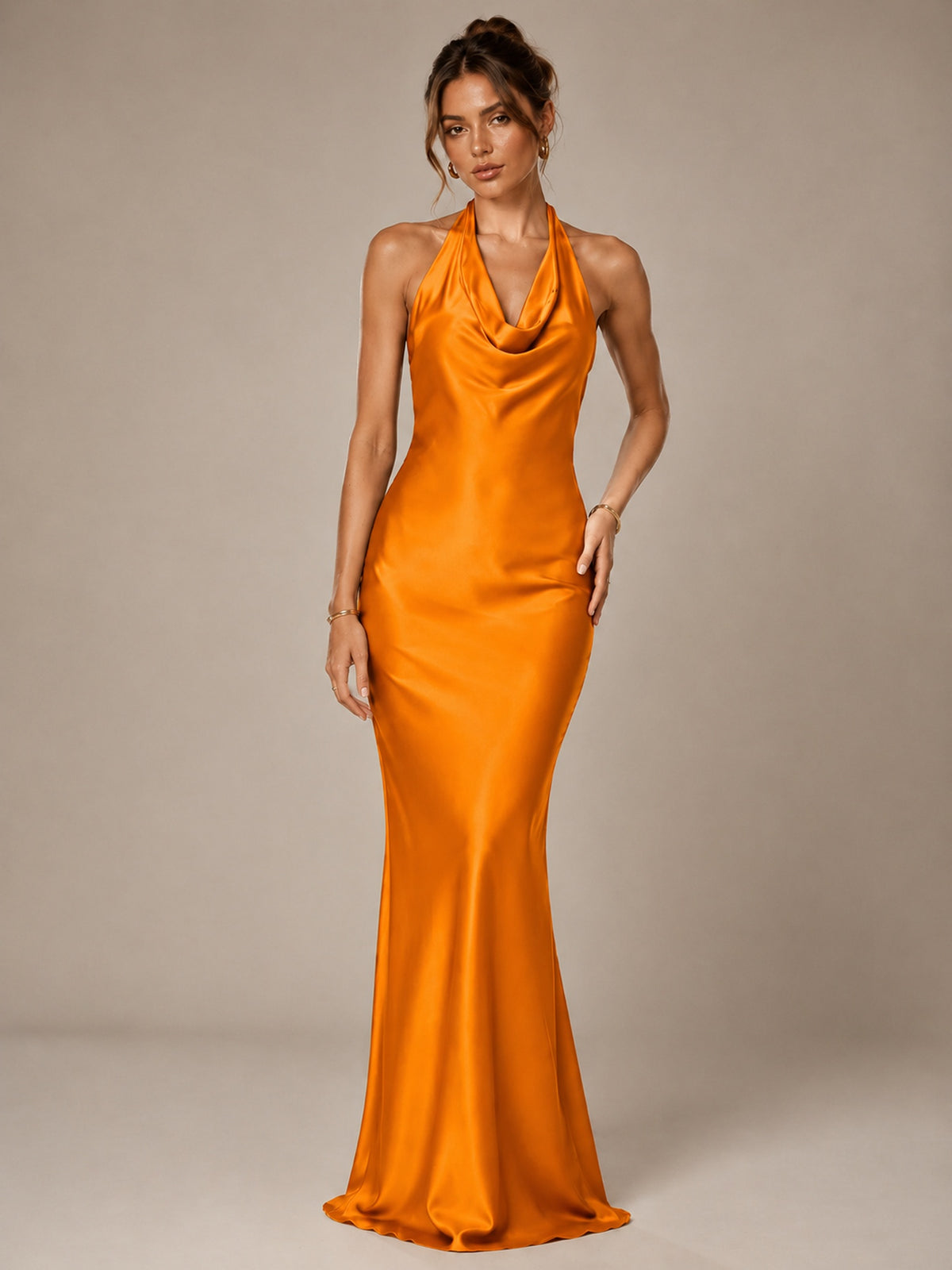 Olive Green Halter Satin Mermaid Maxi Dress