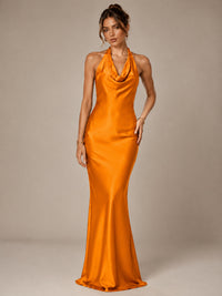 Olive Green Halter Satin Mermaid Maxi Dress