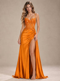 Mermaid Satin Prom Dress with Floral Appliqué Corset and High Slit