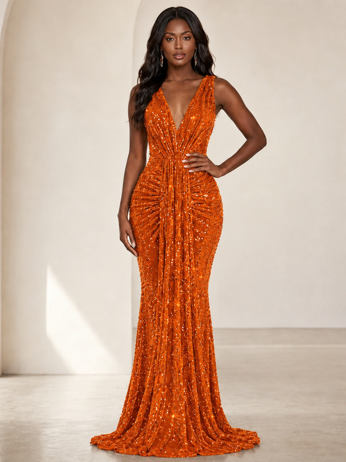Sequin Mermaid Prom Dress with V-Neck and Ruched Waist