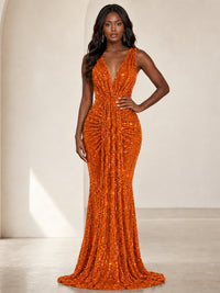 Sequin Mermaid Prom Dress with V-Neck and Ruched Waist