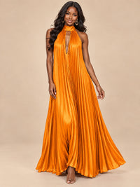 Rust Orange Pleated Halter Neck Maxi Dress