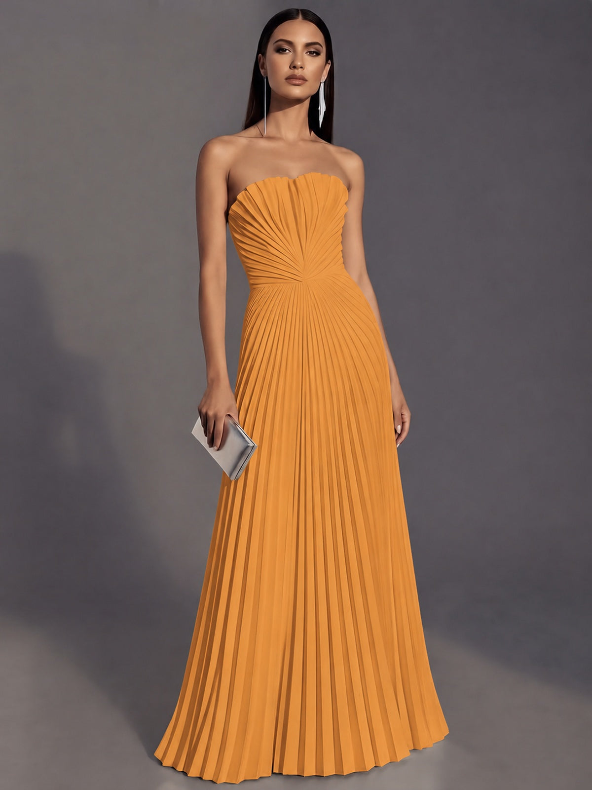 Orange Strapless Pleated Satin Prom Dress Long Formal Gown Evening Dress