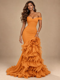 Dusty Blue Off-the-Shoulder Mermaid Prom Dress with 3D Rose & Ruffles