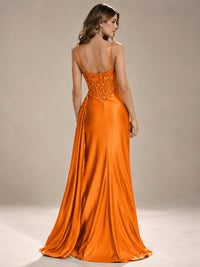 Mermaid Satin Prom Dress with Floral Appliqué Corset and High Slit