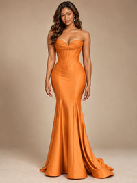 Red Strapless Satin Mermaid Prom Dress with Corset Bodice