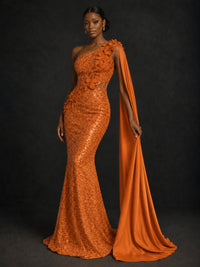 Gold Sequin One Shoulder Mermaid Prom Dress with Cape