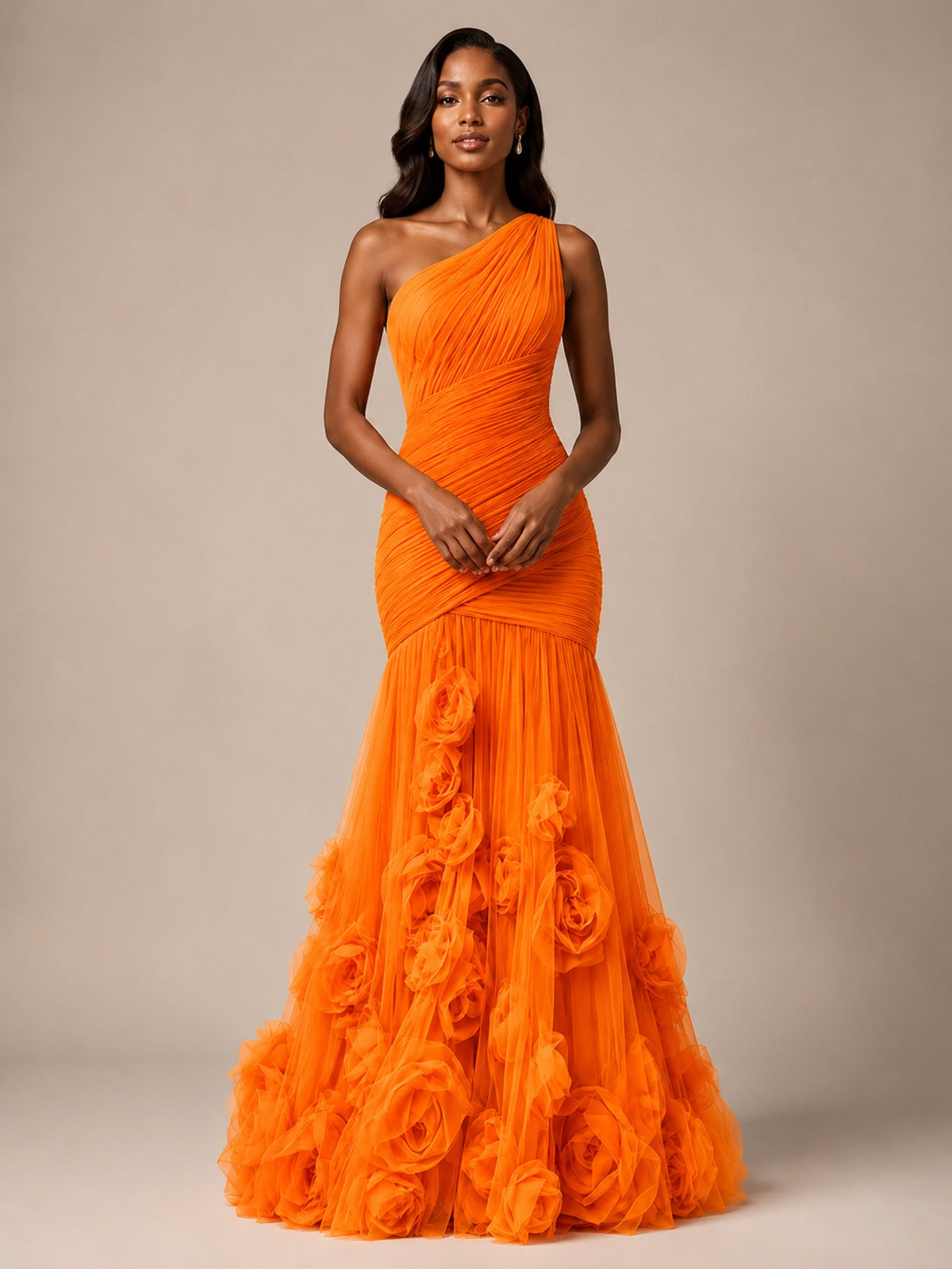 Blush Pink One Shoulder 3D Floral Mermaid Prom Dress