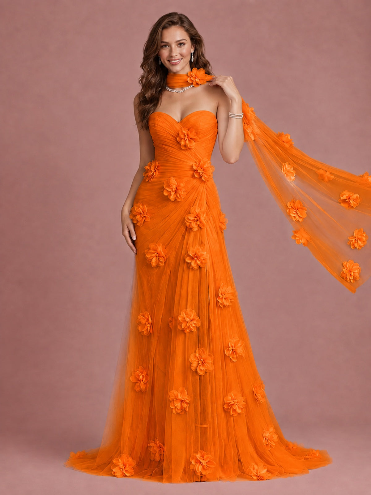 Blush Pink Strapless Sweetheart 3D Floral Tulle Mermaid Prom Dress