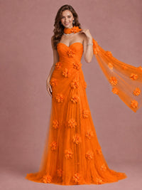 Blush Pink Strapless Sweetheart 3D Floral Tulle Mermaid Prom Dress