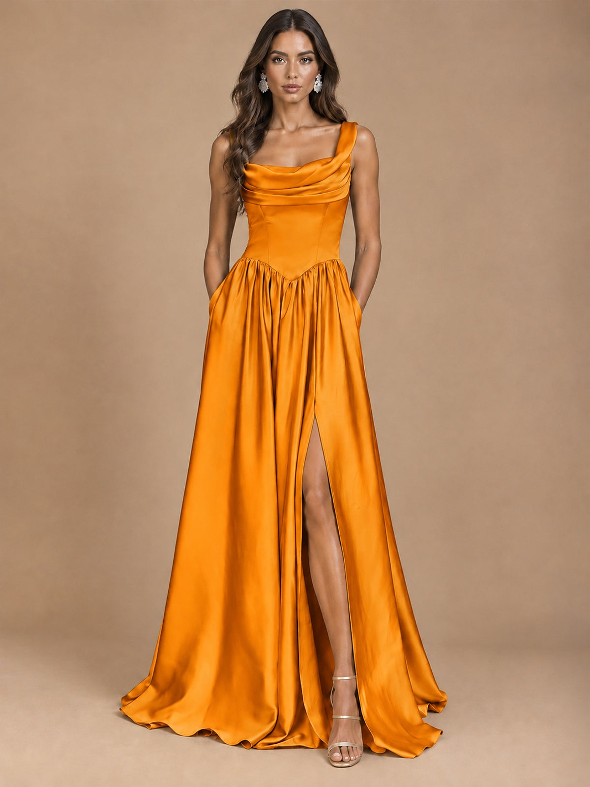 Cowl Neck Pleated Satin Prom Dress with Pockets & Slit Maxi Formal Gowns