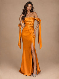 Off The Shuolder Satin Prom Dress Slit Mermaid Formal Gowns