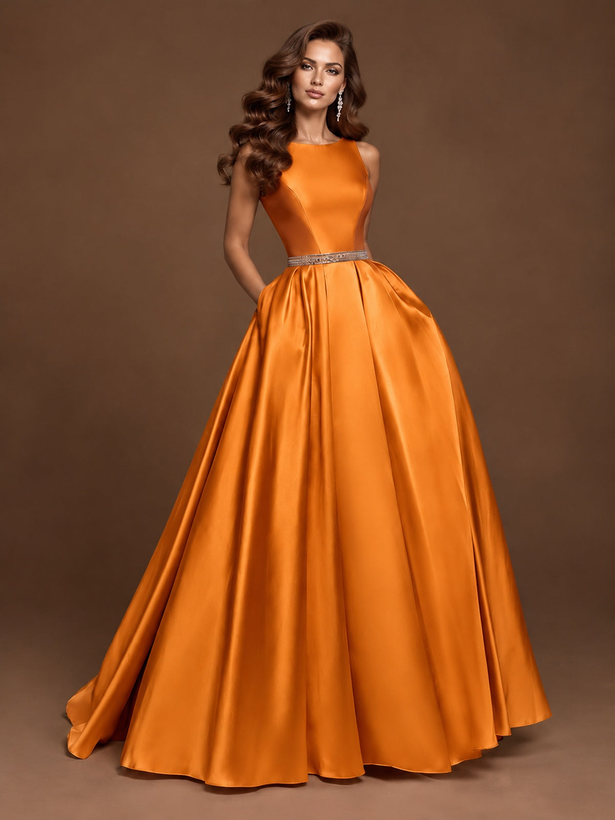 Satin A-Line Prom Dress Sleeveless Beaded Waist Formal Gown with Pockets