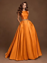 Satin A-Line Prom Dress Sleeveless Beaded Waist Formal Gown with Pockets