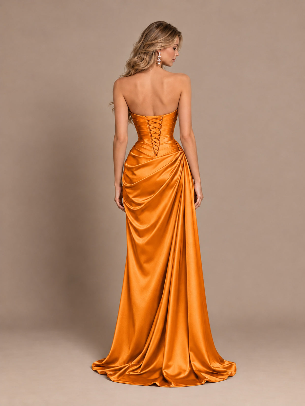 Dusty Blue Strapless Satin Prom Dress with Ruched Bodice and Slit
