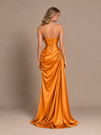 Dusty Blue Strapless Satin Prom Dress with Ruched Bodice and Slit