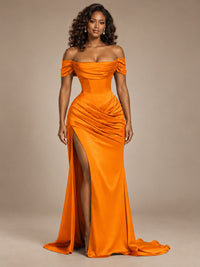 Burgundy Off-the-Shoulder Satin Corset Prom Dress with Slit