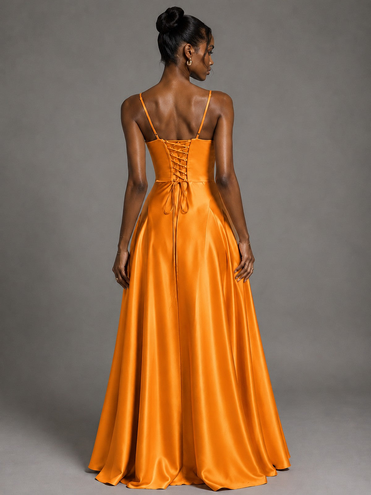 Lavender V Neck Satin Prom Dress with Spaghetti Straps