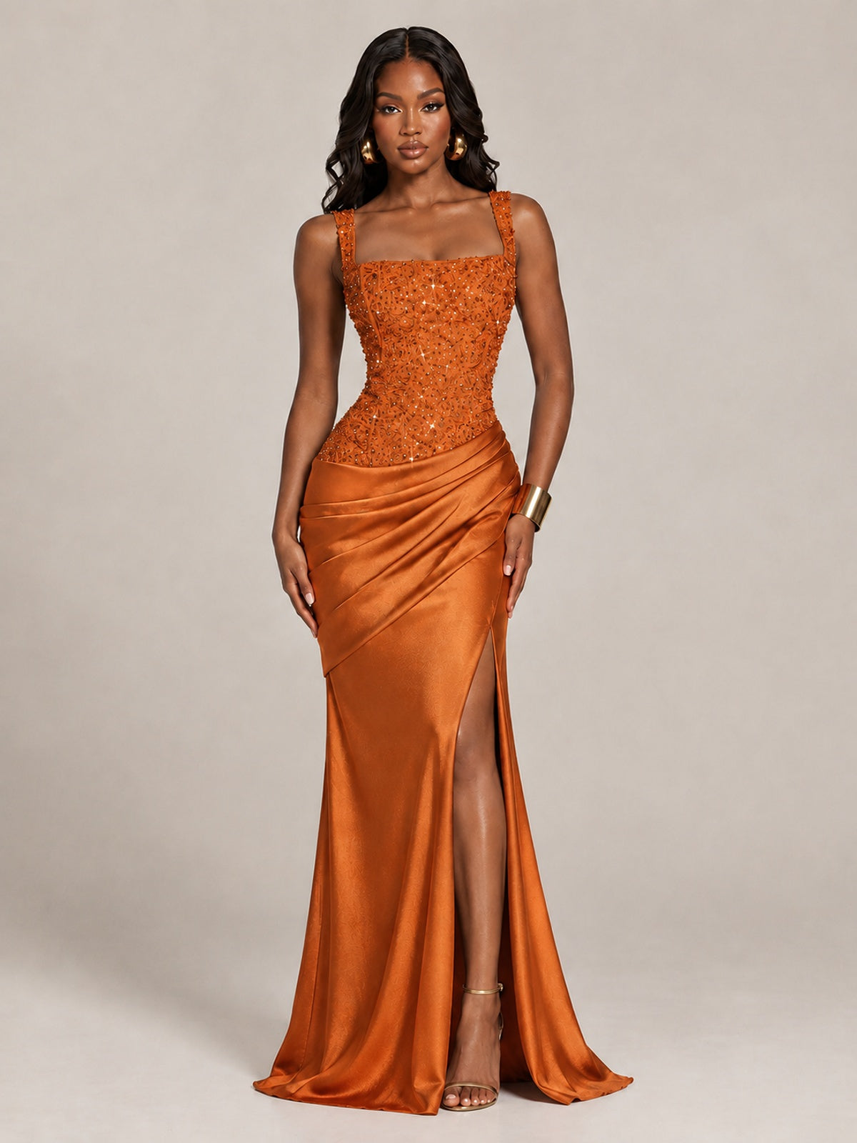 Scoop Neck Sequin Prom Dress with High Slit Satin Formal Gowns