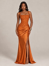 Scoop Neck Sequin Prom Dress with High Slit Satin Formal Gowns