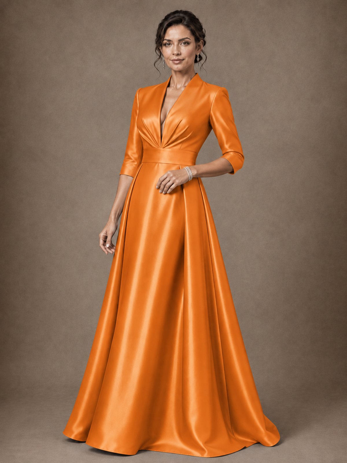 V-Neck Pleated Satin Mother of the Bride Gown with 3/4 Sleeves