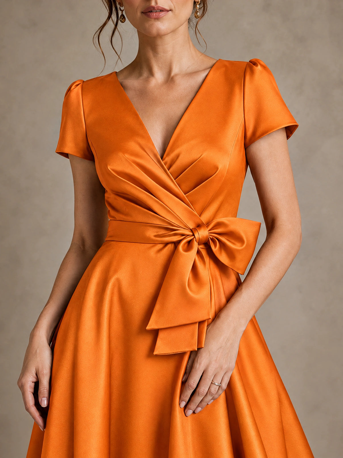 V-Neck Tea-Length Satin Mother of the Bride Dress with Bow