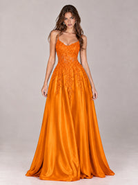 Lace Applique Satin A-Line Prom Dress with Sheer Bodice