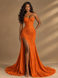 Beaded Sequin Prom Dress Strapless Formal Gowns with High Slit Train