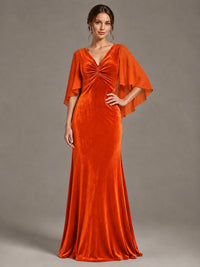 Navy Blue Velvet V Neck Mermaid Formal Dress with Flutter Cape Sleeves