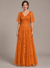Orange V-Neck Sequin Tulle Mother of the Bride Dress with Flutter Sleeve A-line Evening Formal Wedding Guest Dress