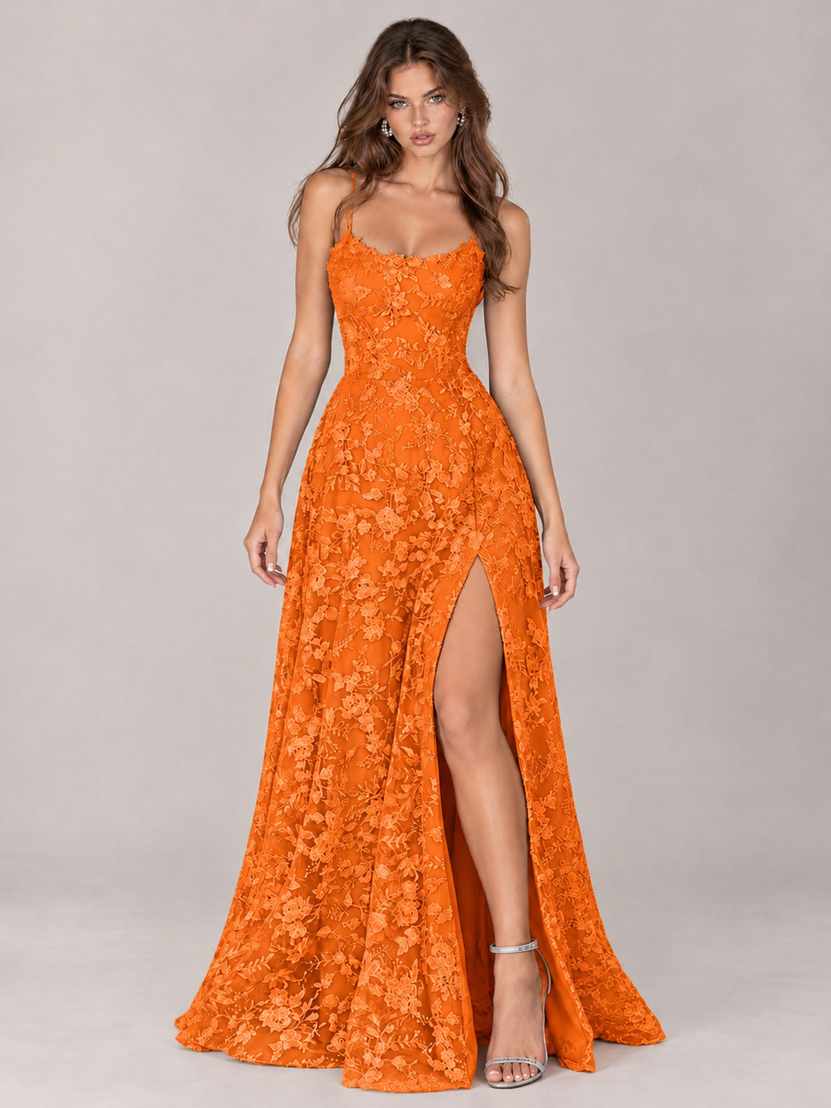 Floral Lace A-Line Prom Dress with Spaghetti Straps & High Slit