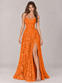 Floral Lace A-Line Prom Dress with Spaghetti Straps & High Slit