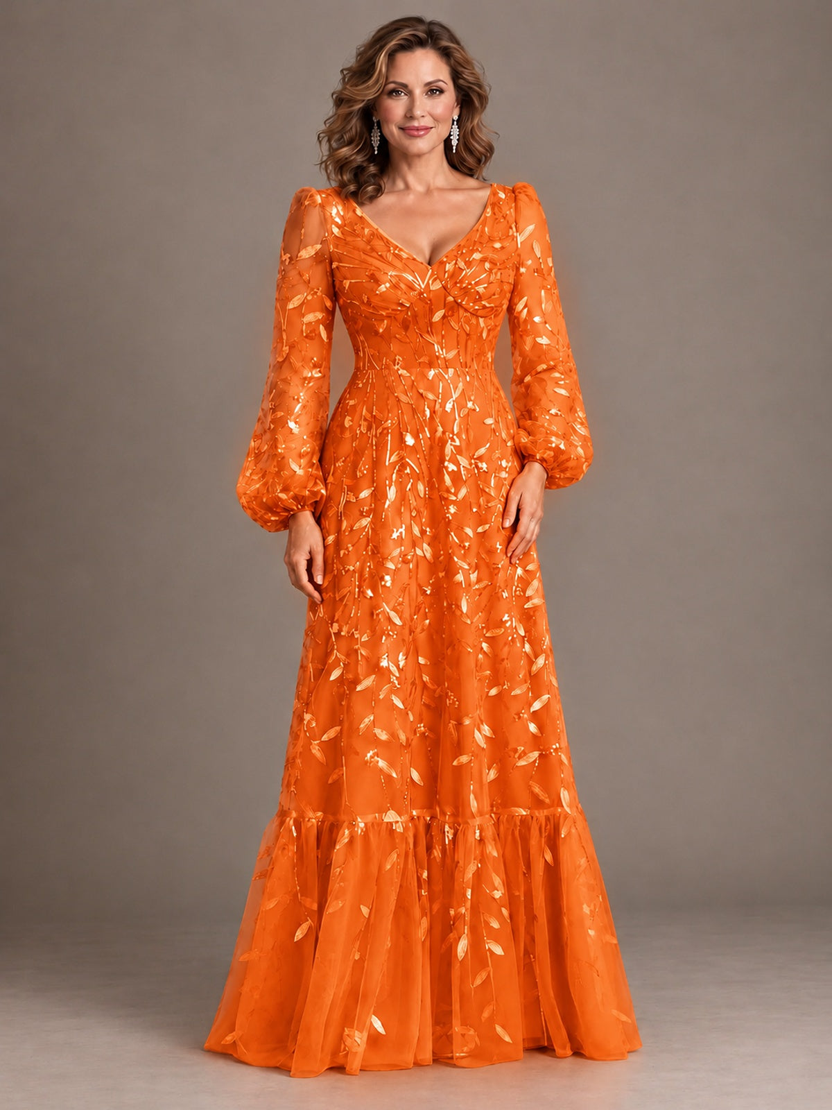 Floral Sequin Embroidered A-Line Mother of the Bride Dress with Long Sleeves