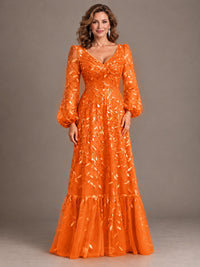 Floral Sequin Embroidered A-Line Mother of the Bride Dress with Long Sleeves
