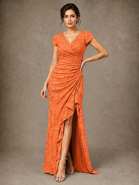 V-Neck Floral Jacquard Mother of the Bride Dress with Slit