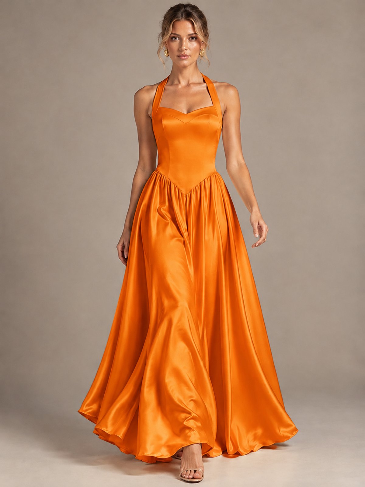 Light Yellow Halter Neck Satin A-Line Maxi Dress with Pockets