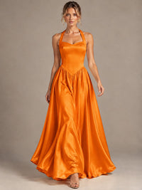 Light Yellow Halter Neck Satin A-Line Maxi Dress with Pockets