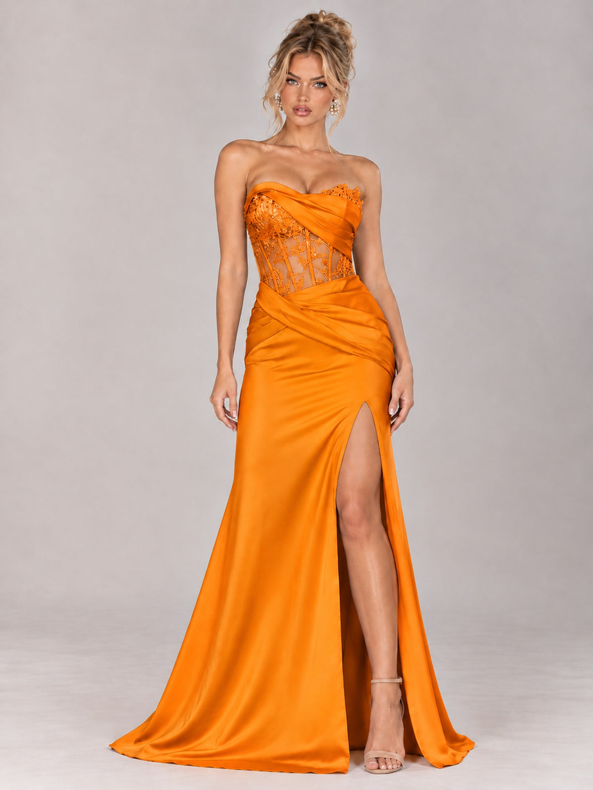 Strapless Satin Prom Dress with Sheer Lace Corset & High Slit