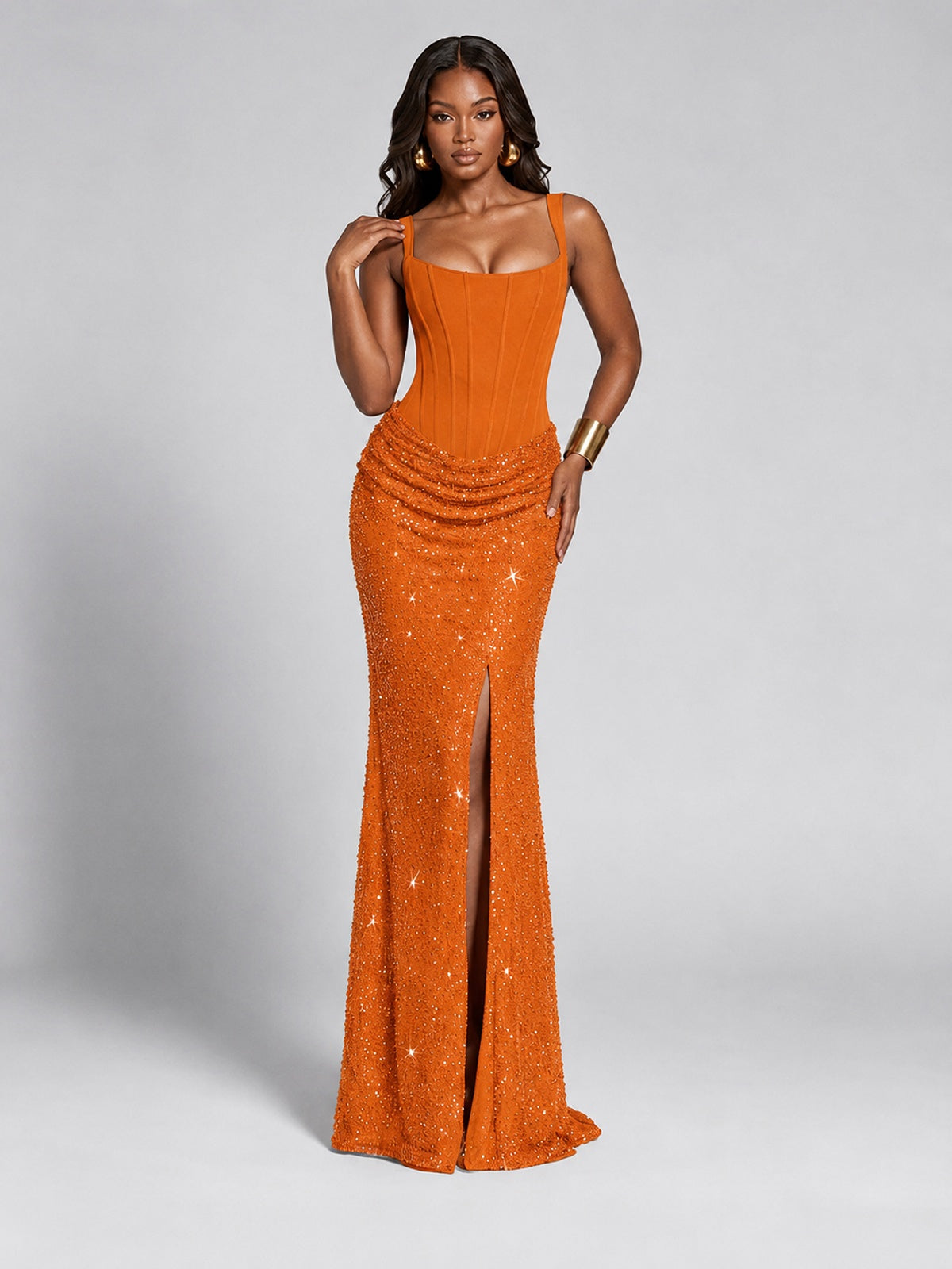 Sequin Corset Mermaid Prom Dress with Square Neck Wide Strap High Slit