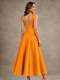 Tea-Length Satin Mother of the Bride Dress with 3D Flower Detail